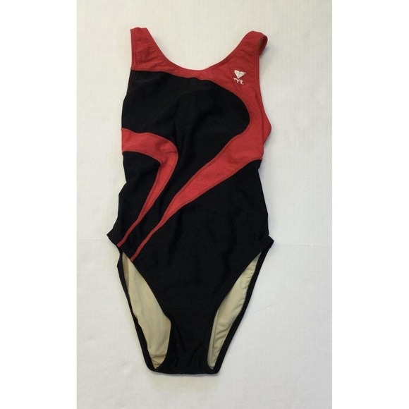 TYR Competition Lifeguard 1 Piece Swimsuit Red & Black Size 32 Xtra Life Lycra - Picture 1 of 8